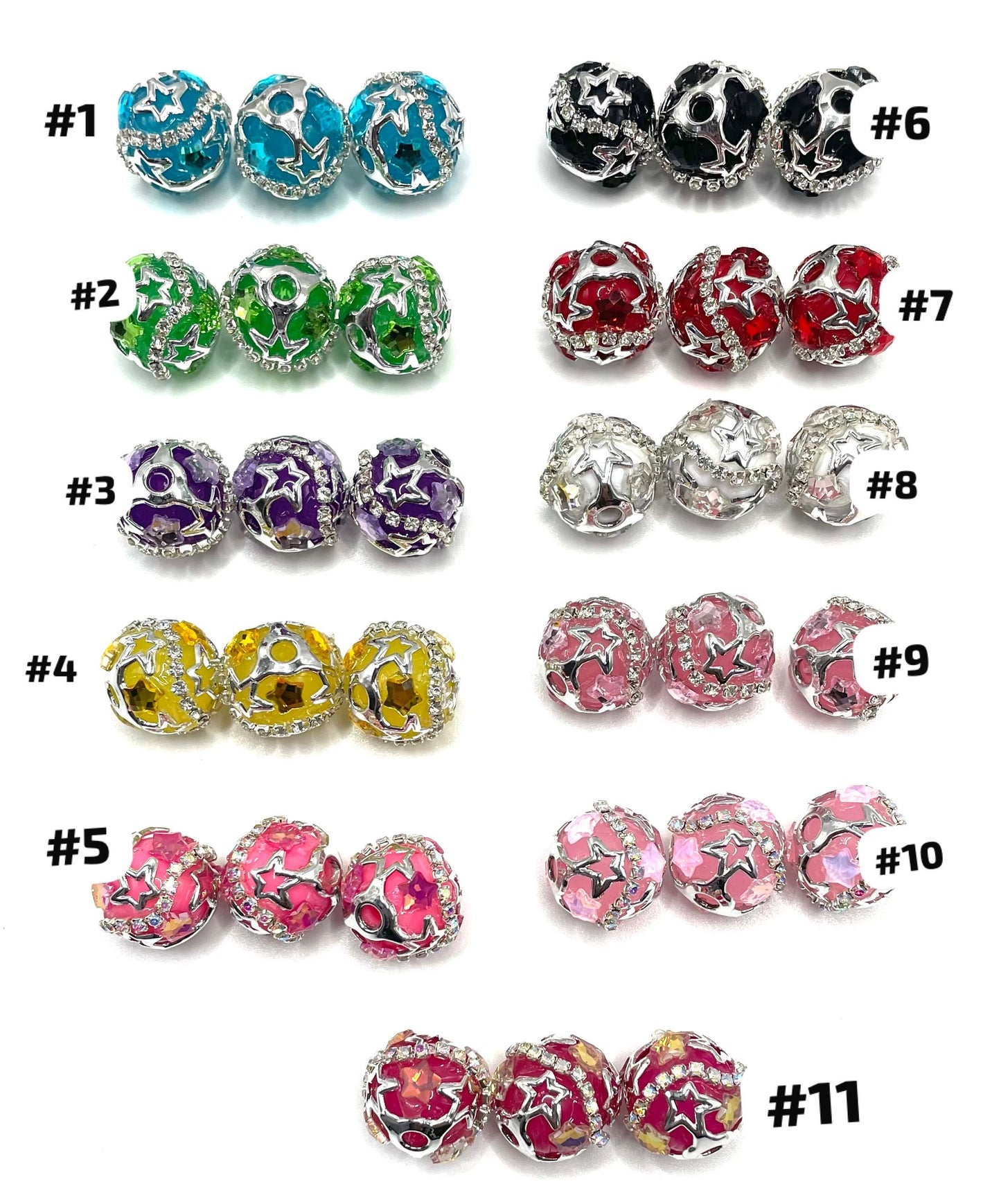 beaded beadable fancy star bead ornaments with silver color rhinestone chain and cover by metallic silver star bead cap,random mix