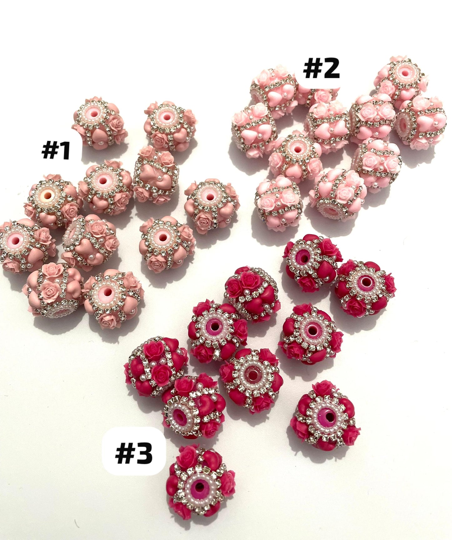 beaded beadable fancy heart rose flower beads ornaments with rhinestone chain and pearl