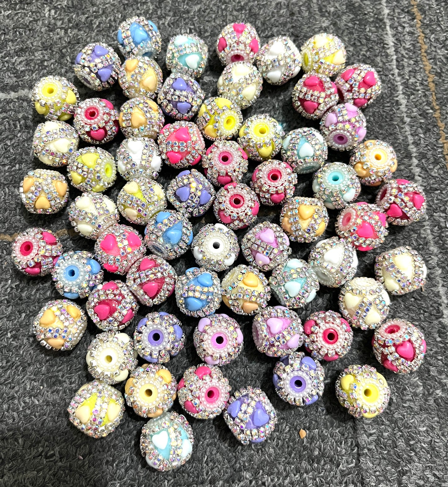 fancy bead ornaments with double rhinestone chain solid color acrylic heart pearl ,diy bead,random mix color
