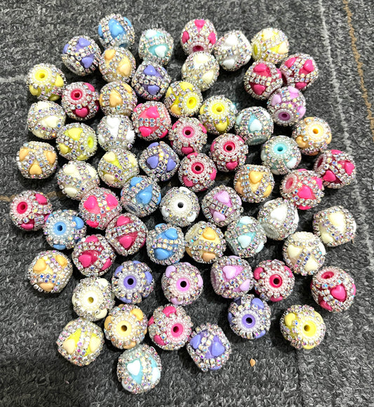 fancy bead ornaments with double rhinestone chain solid color acrylic heart pearl ,diy bead,random mix color