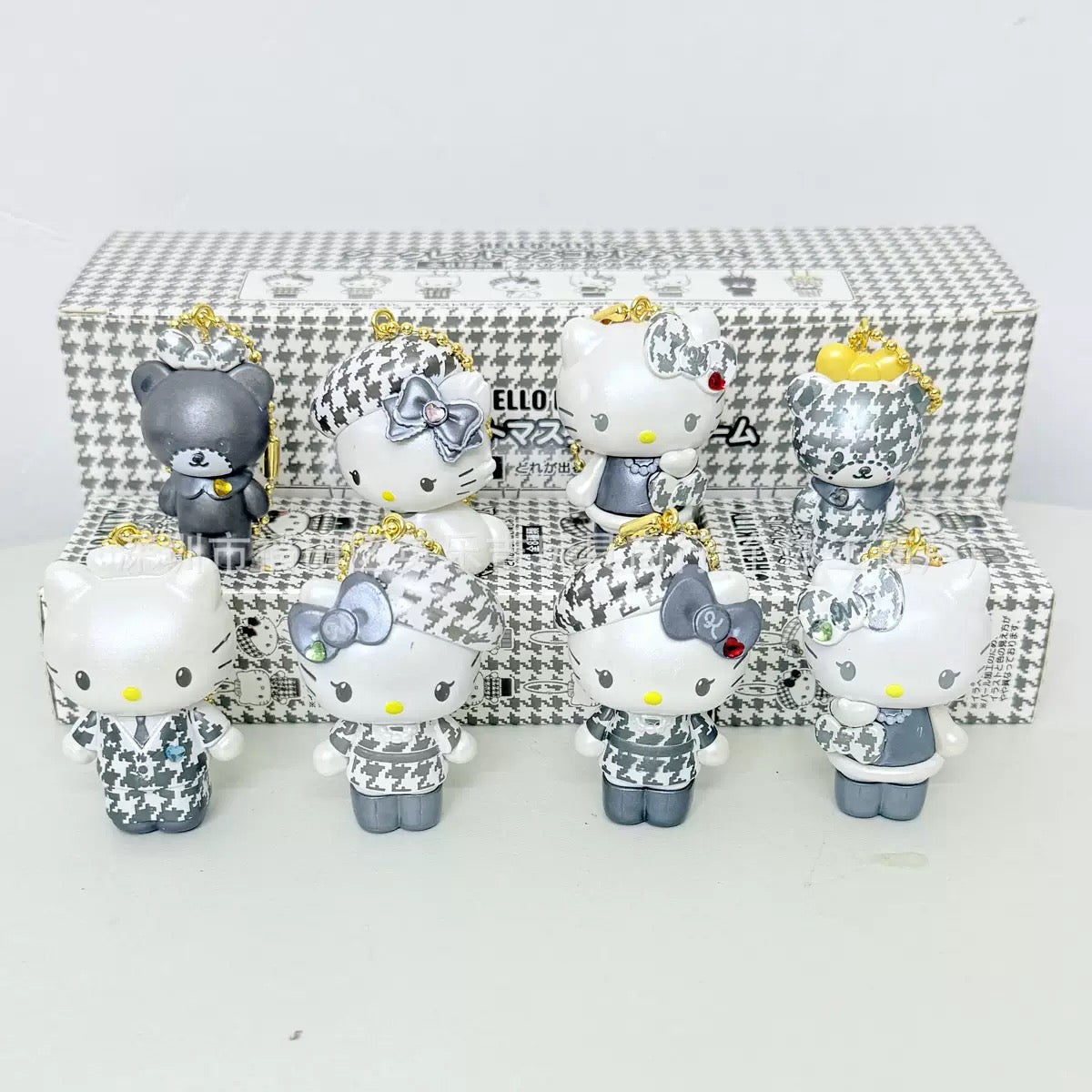 HK monochrome checked girly twin doll topper figure character with key chain ring as charm pendant