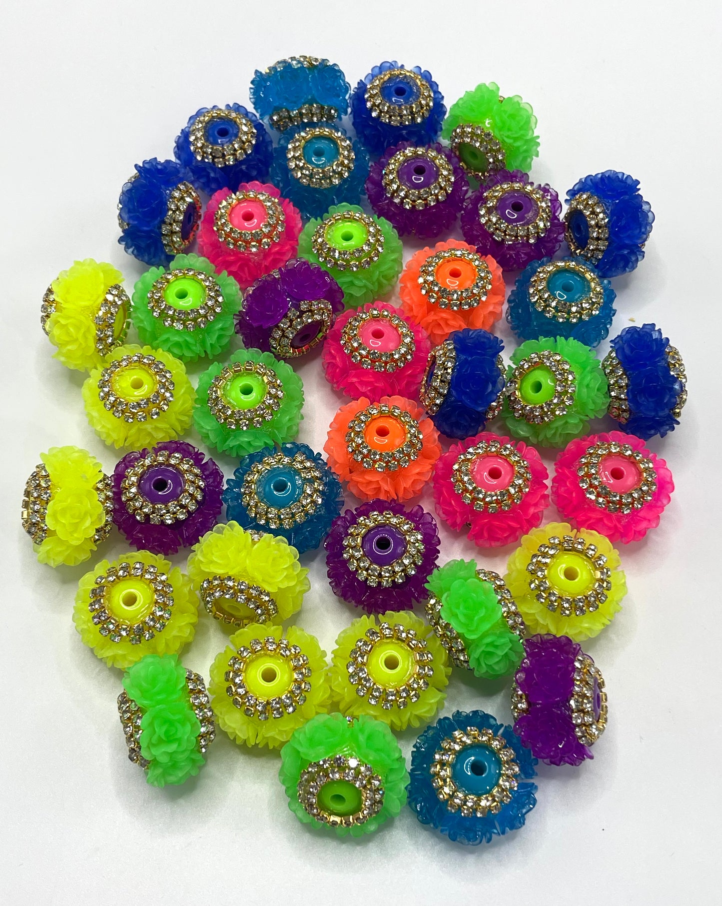 Beaded beadable fancy flower beads neon colored with rhinestone chain,random mix