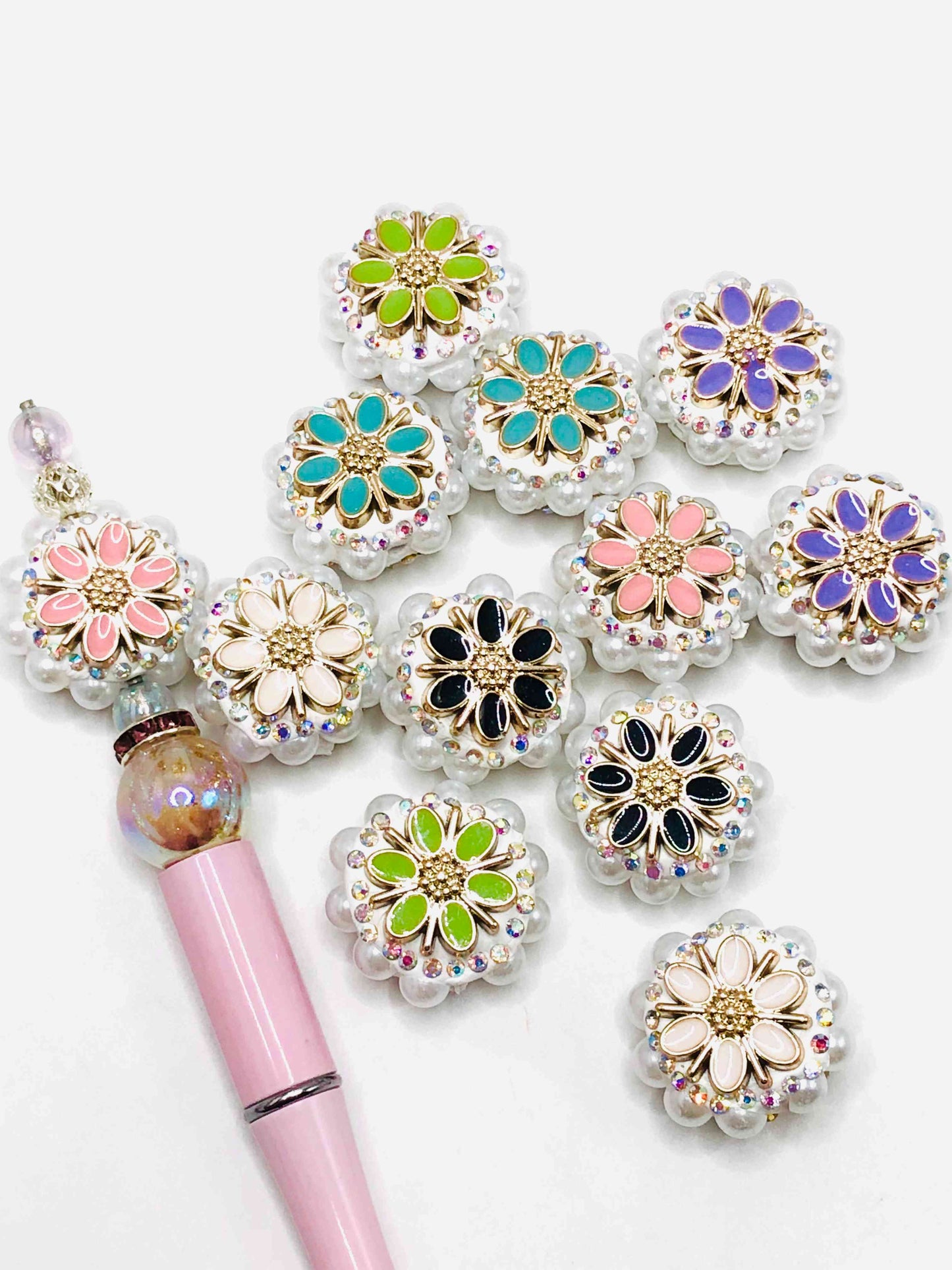 Clay bead Metallic flower with diamond with pearl flat round beads 24mm Fancy-301