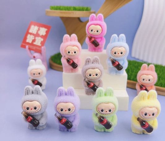 coca bottle flocking Fuzzy labubu Cute mini doll  Pen Toppers with coca element ,mix color