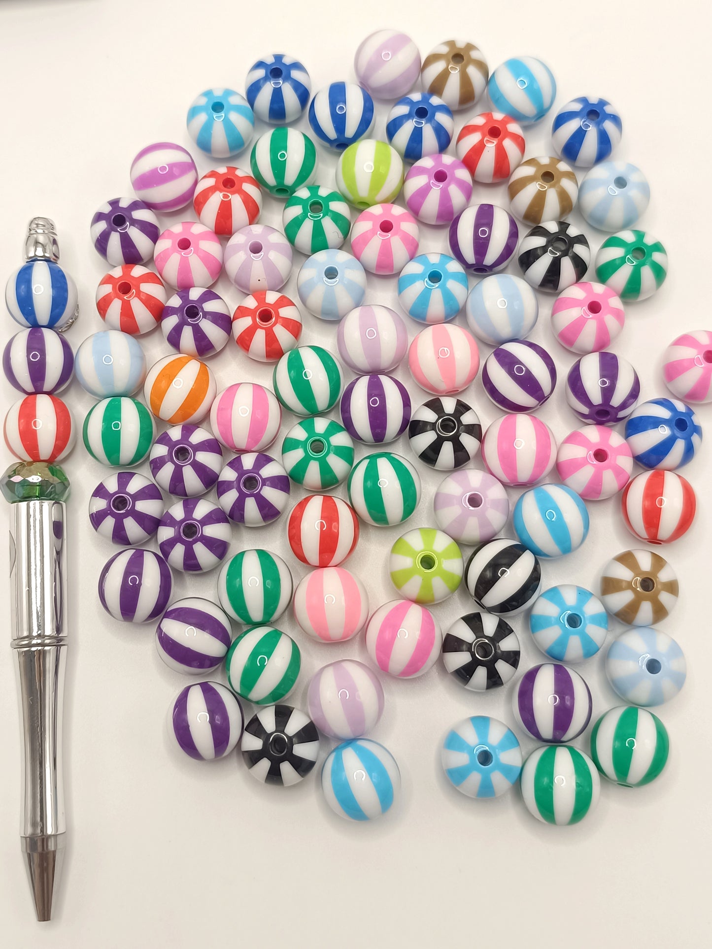 Colorful Striped Watermelon Balls with White Acrylic Beads,Random Mix,16mm