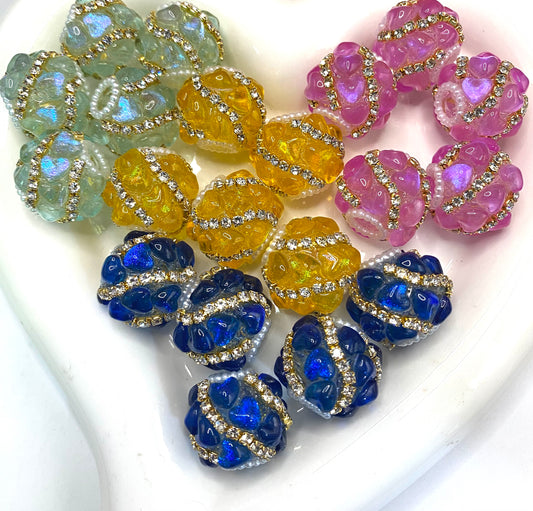 fancy bead clear acrylic base bead ornaments with rhinestone gold chain and acrylic heart shape and pearl ,random mix color