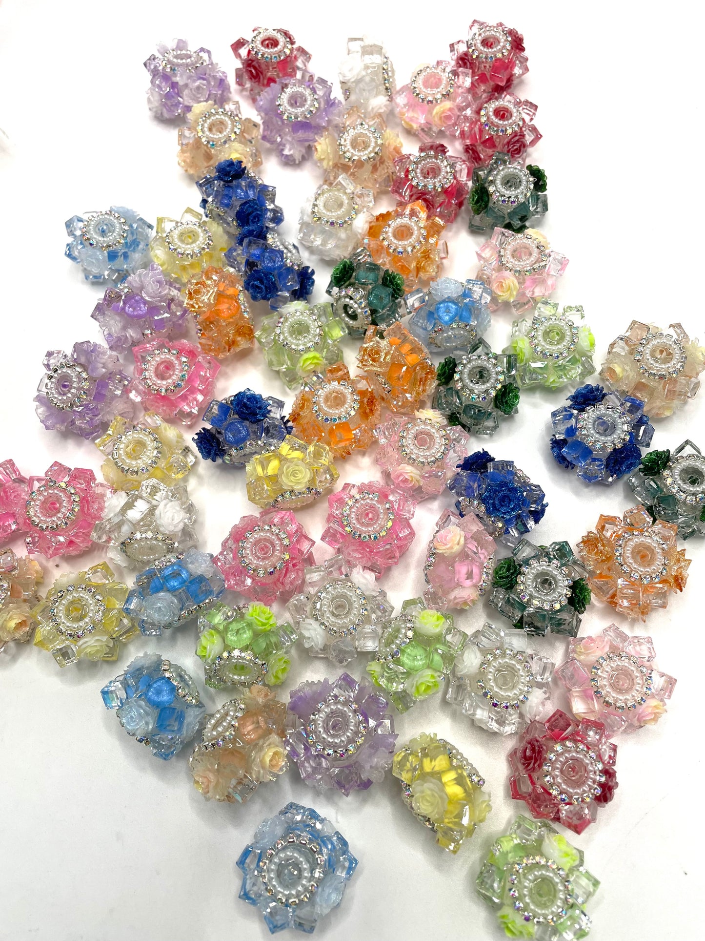 beaded beadable fancy flower crystal bead ornaments with rhinestone chain and pearl ,clear base bead ,random mix color