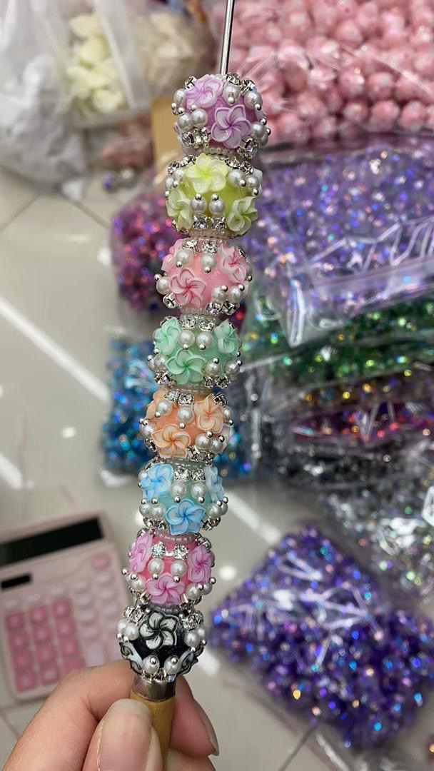 beaded beadable fancy bead ornaments with Hawaii flower and pearl and rhinestone,colored ,random mix