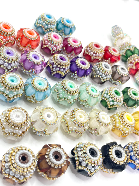 Beaded beadable fancy lantern heart beads ornaments with rhinestone silver color or gold color chain and pearl ,random mix