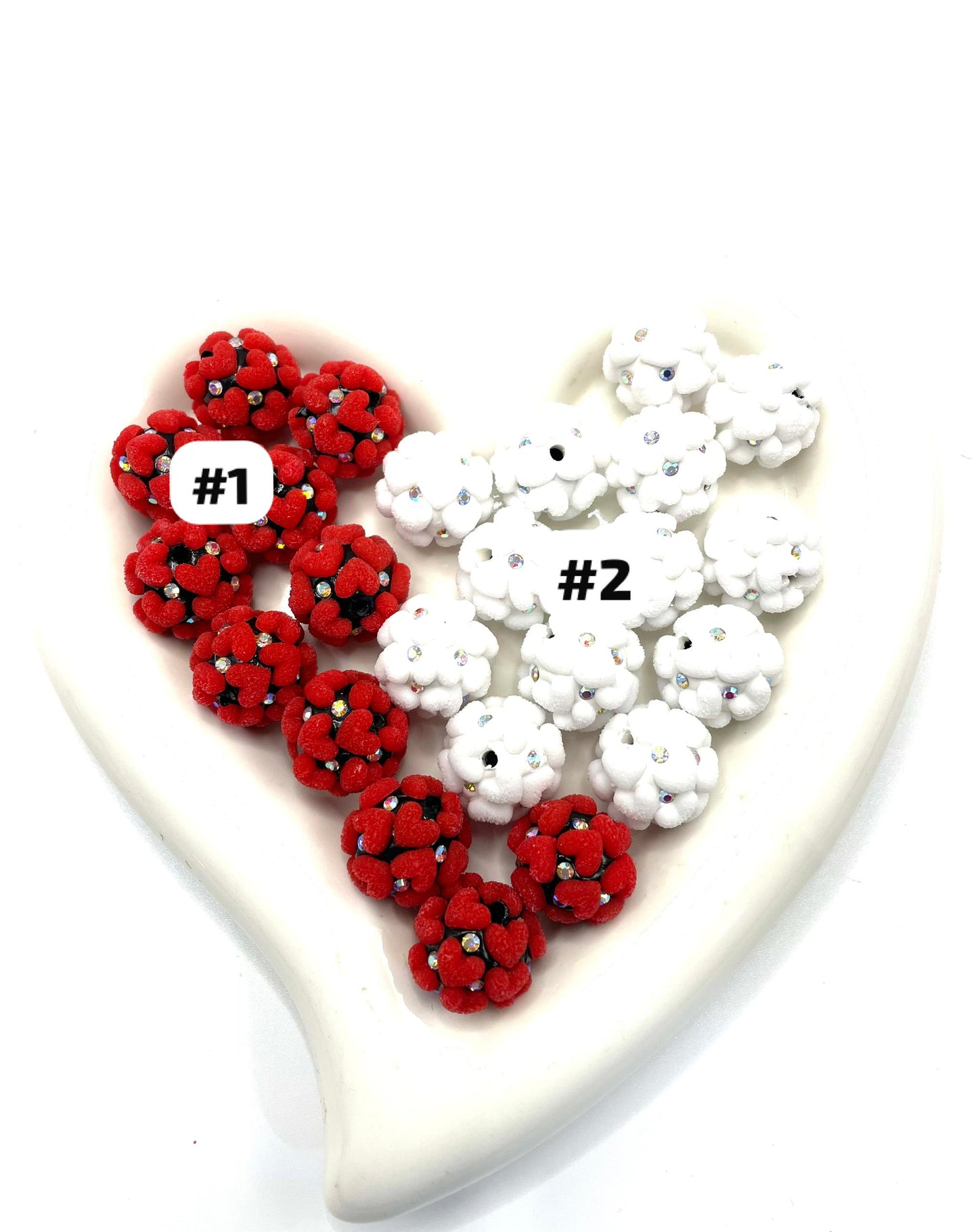 DIY beaded beadable fancy fuzzy flocked heart ornaments with rhinestone