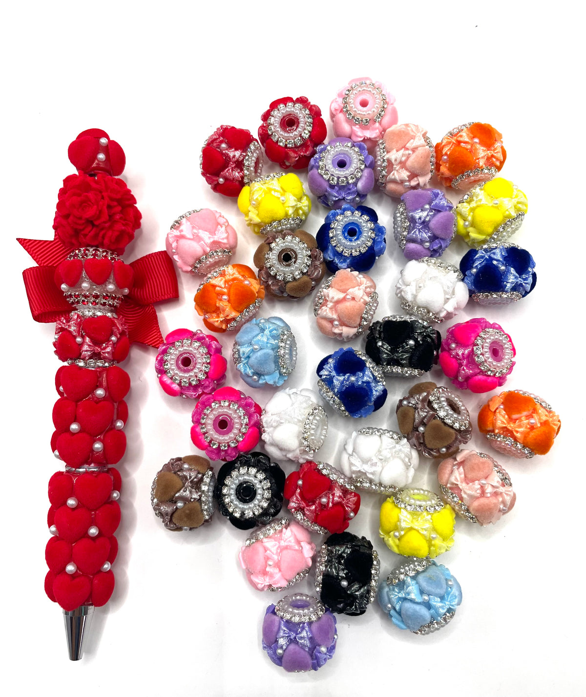 diy beaded beadable fancy beads fuzzy flocked ornaments with acrylic bow and pearl and rhinestone chain