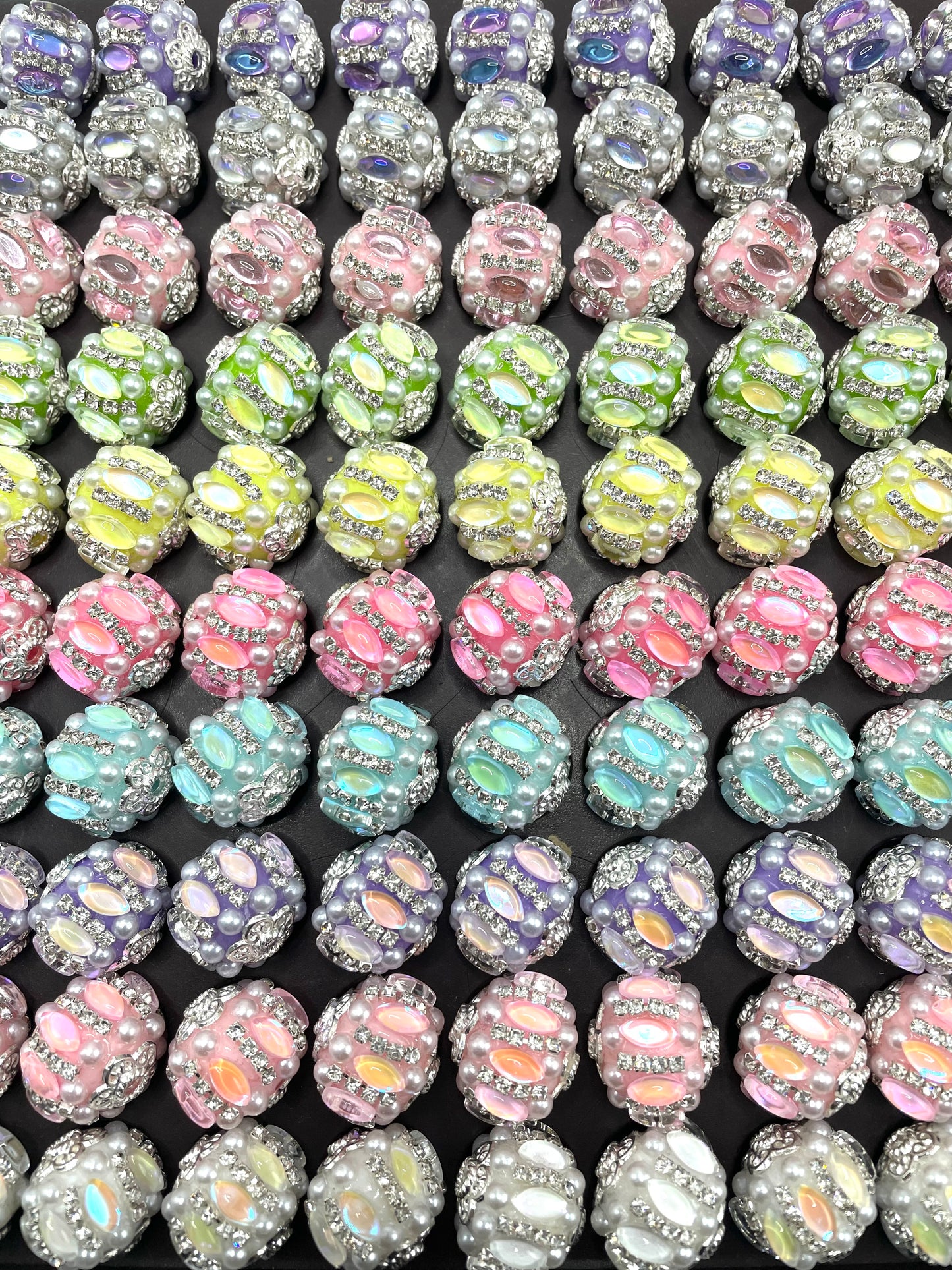 beaded beadable craft fancy bubble shape stone beads ornaments with pearl and rhineston chain and metallic bead cap cover the top and bottom random mix ,colored