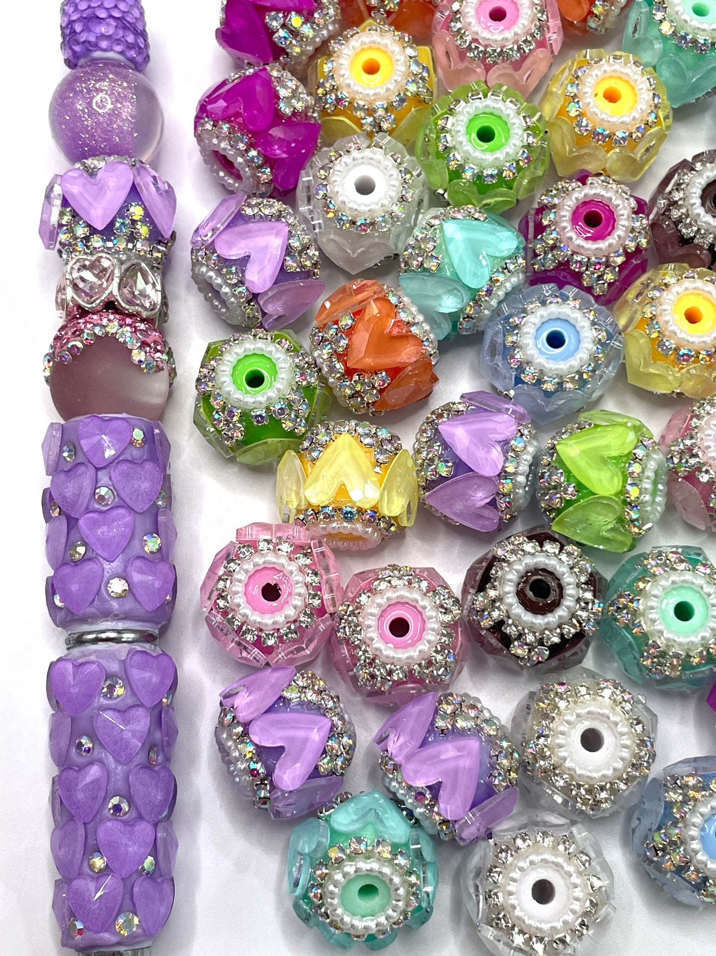 Fancy Beads Mirror glass Transparency Colored Heart Rhinestone Chain and pearl gasket Acrylic beads 18mm Random Mix