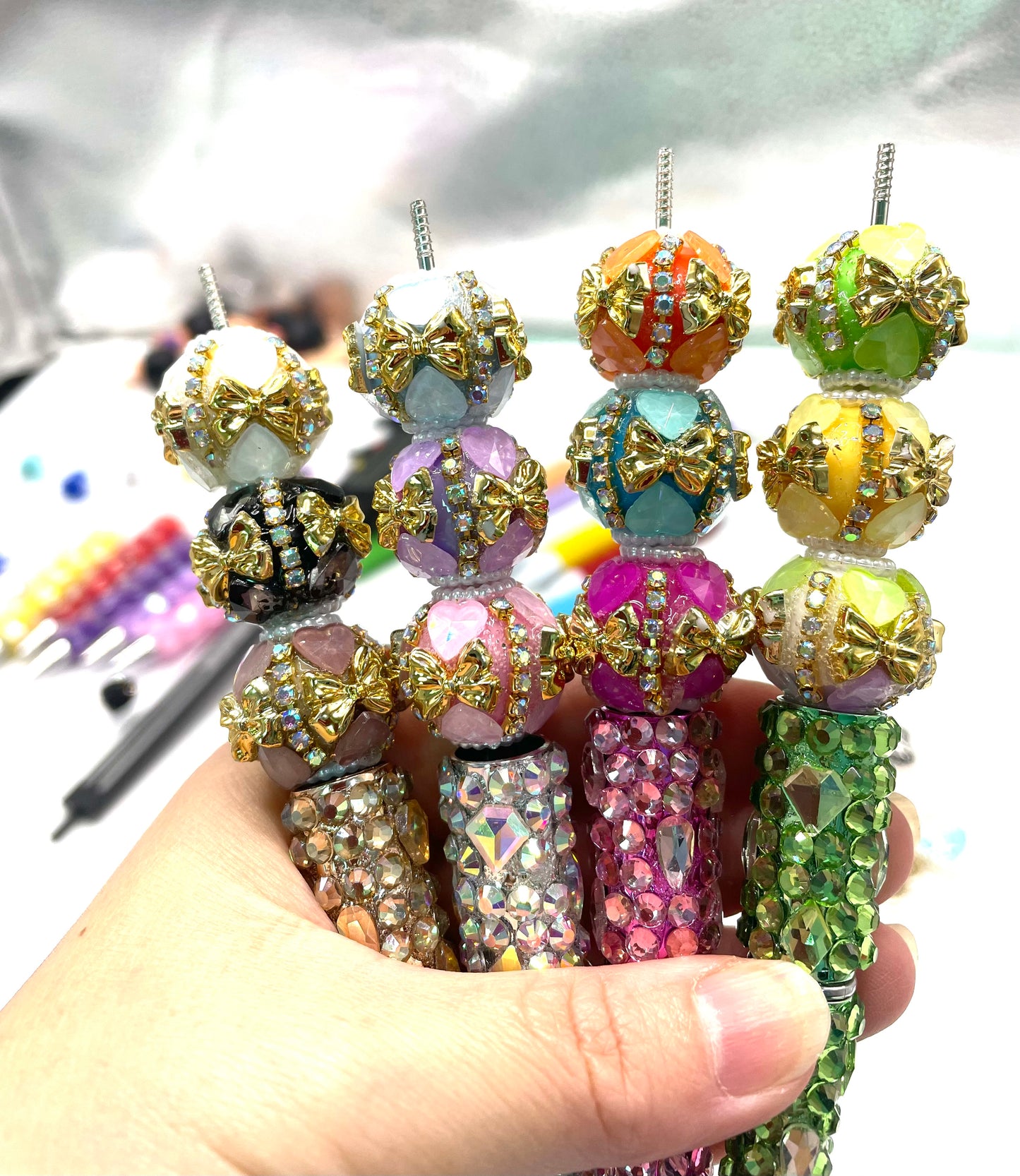 diy  beaded beadable fancy bow bead ornaments with  golden color bow and rhinestone chain