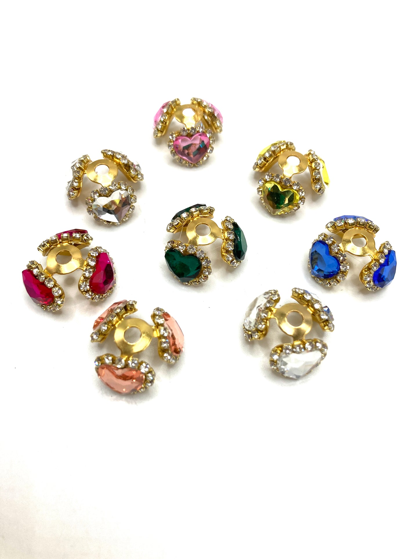 Metal spacer beads Golden multi-colored heart spacer beads bead cap spacer with rhinestone heart