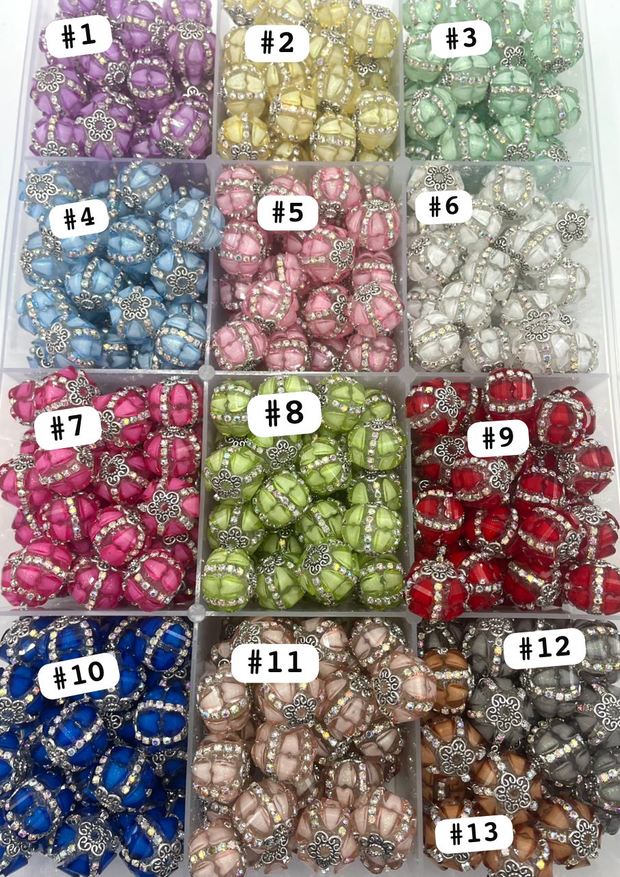 beaded beadable fancy lantern beads ornaments with rhinestones chain and metal bead cap ,random mix