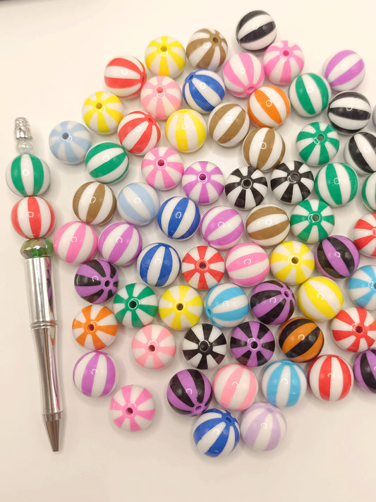 Colorful Striped Watermelon Balls with White Acrylic Beads,Random Mix,20mm