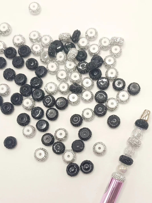 Wheel Round Spacers with Silver & Black Rhinestone,14mm