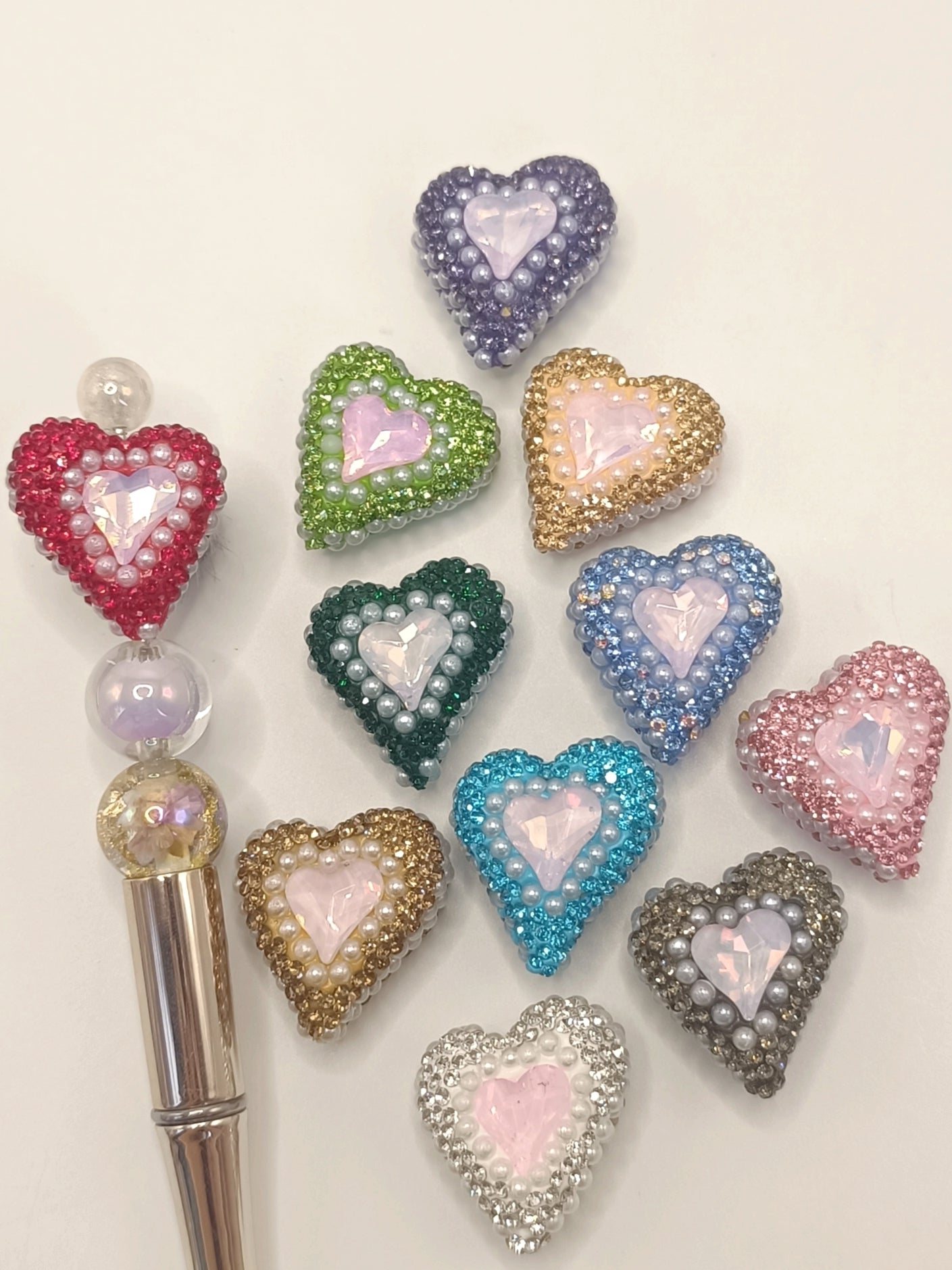 Fancy Heart Clay Beads with Pearl Rhinestone Crystal Beads,Random Mix,27mm by 27mm