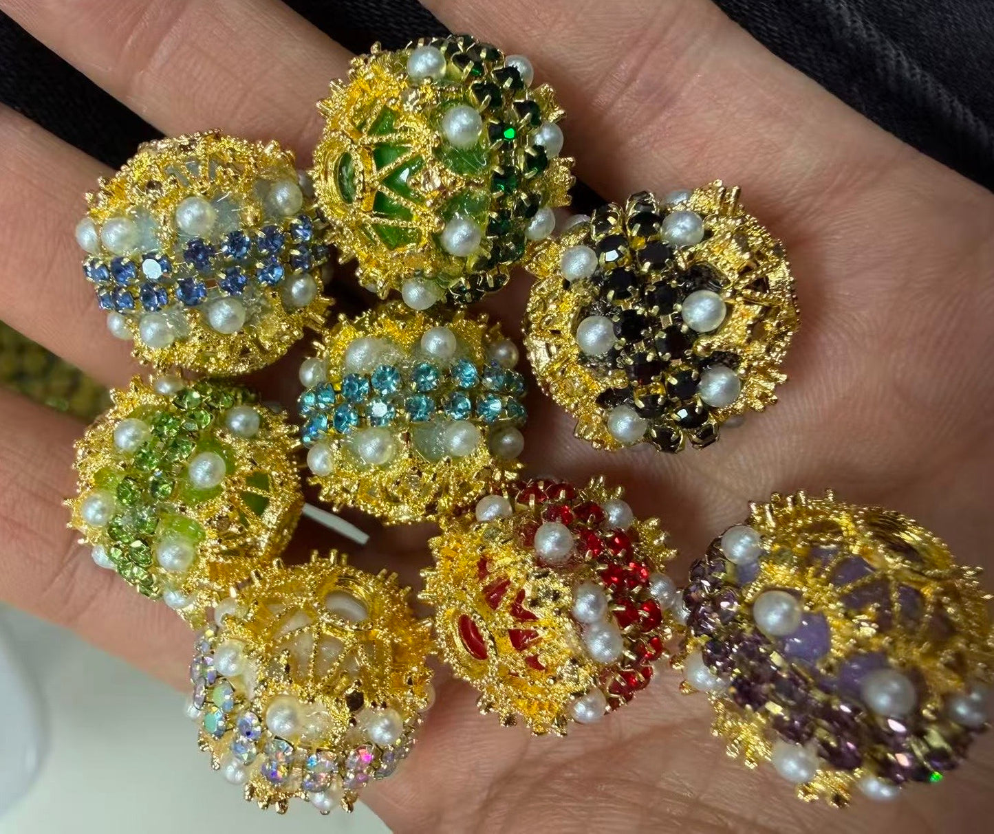 Beaded beadable metallic fancy beads ornaments with pearl and color rhinestones metallic bead cap ,random mix