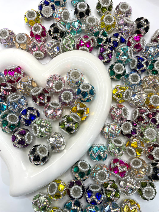 fancy bead acrylic transparent base bead ornaments with pearl and diamond shape glass stone and rhinestone chain colored ,random mix lol