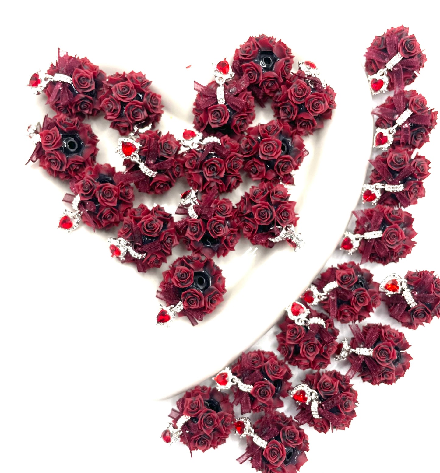 Beaded beadable fancy rose flower beads ornaments with lacy textile bow and crystal heart dangle