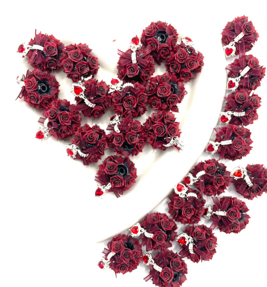 Beaded beadable fancy rose flower beads ornaments with lacy textile bow and crystal heart dangle