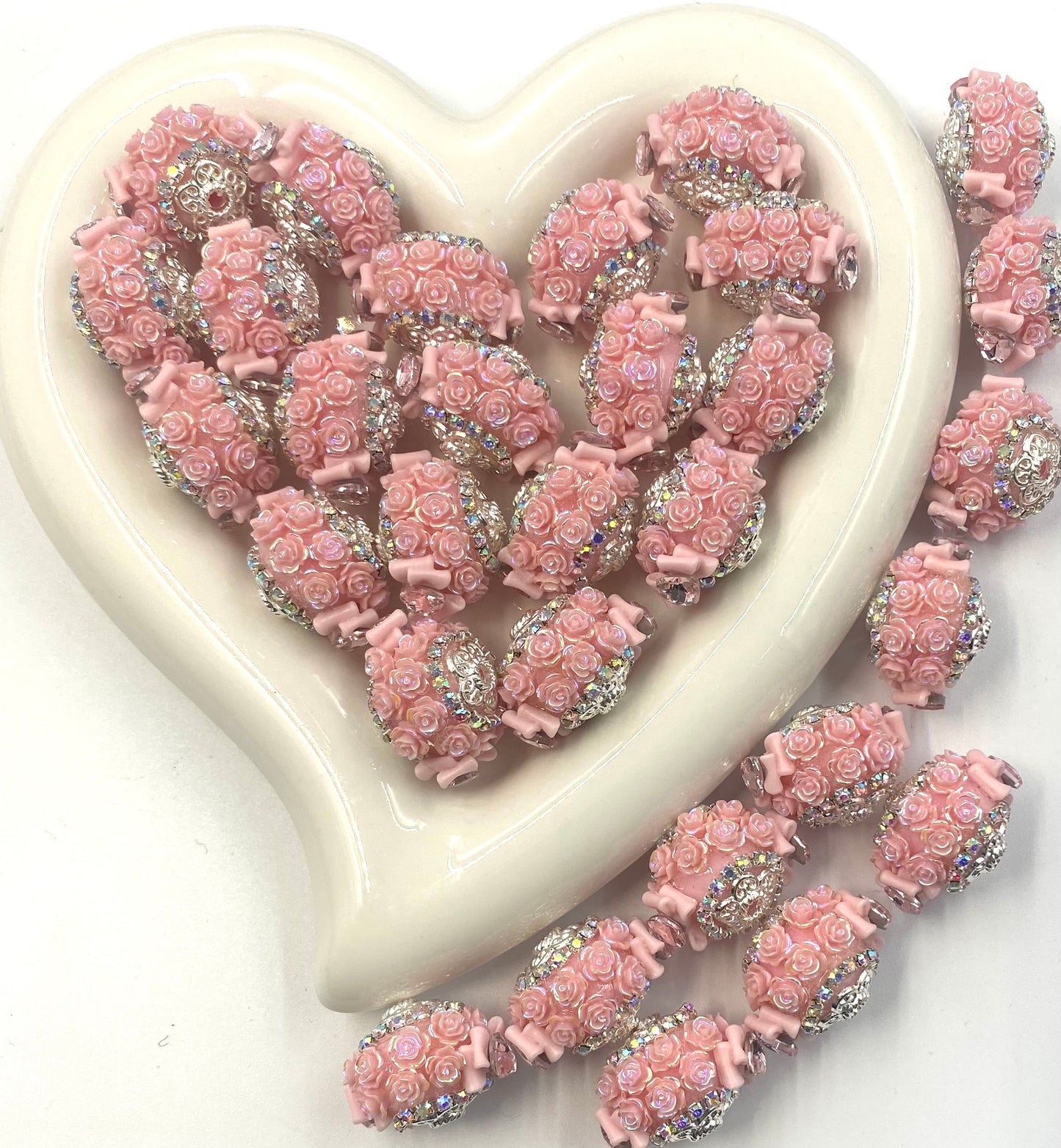 Beaded beadable rose flower beads ornaments with bow and heart shaped crystal rhinestone