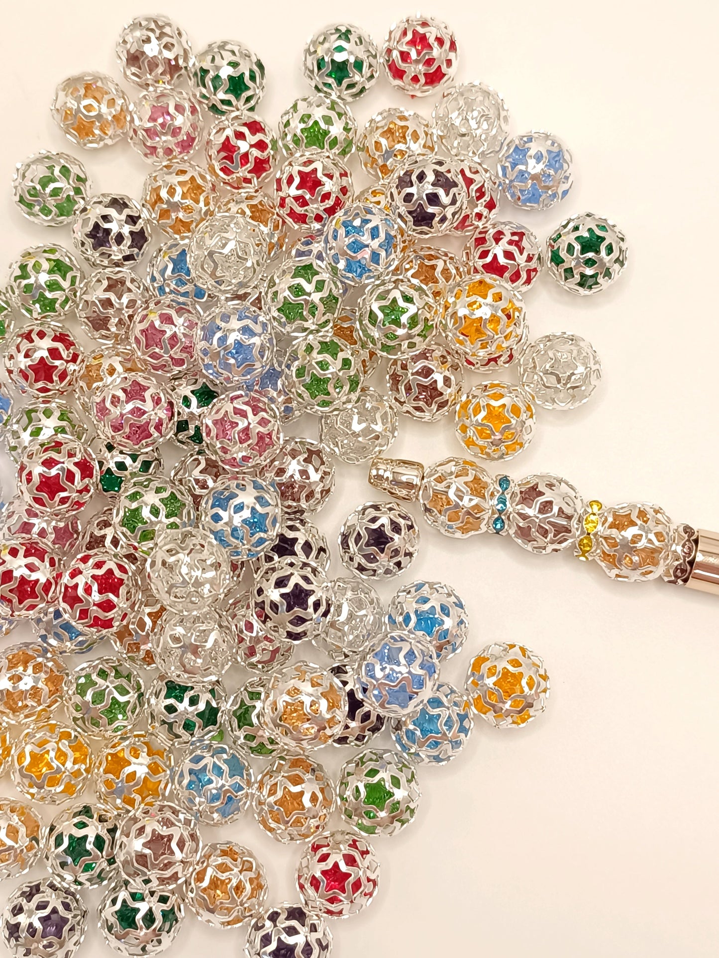 Metal Silver Star iron Ball Hollow With Multicolor Rhinestones,Random Mix,16mm