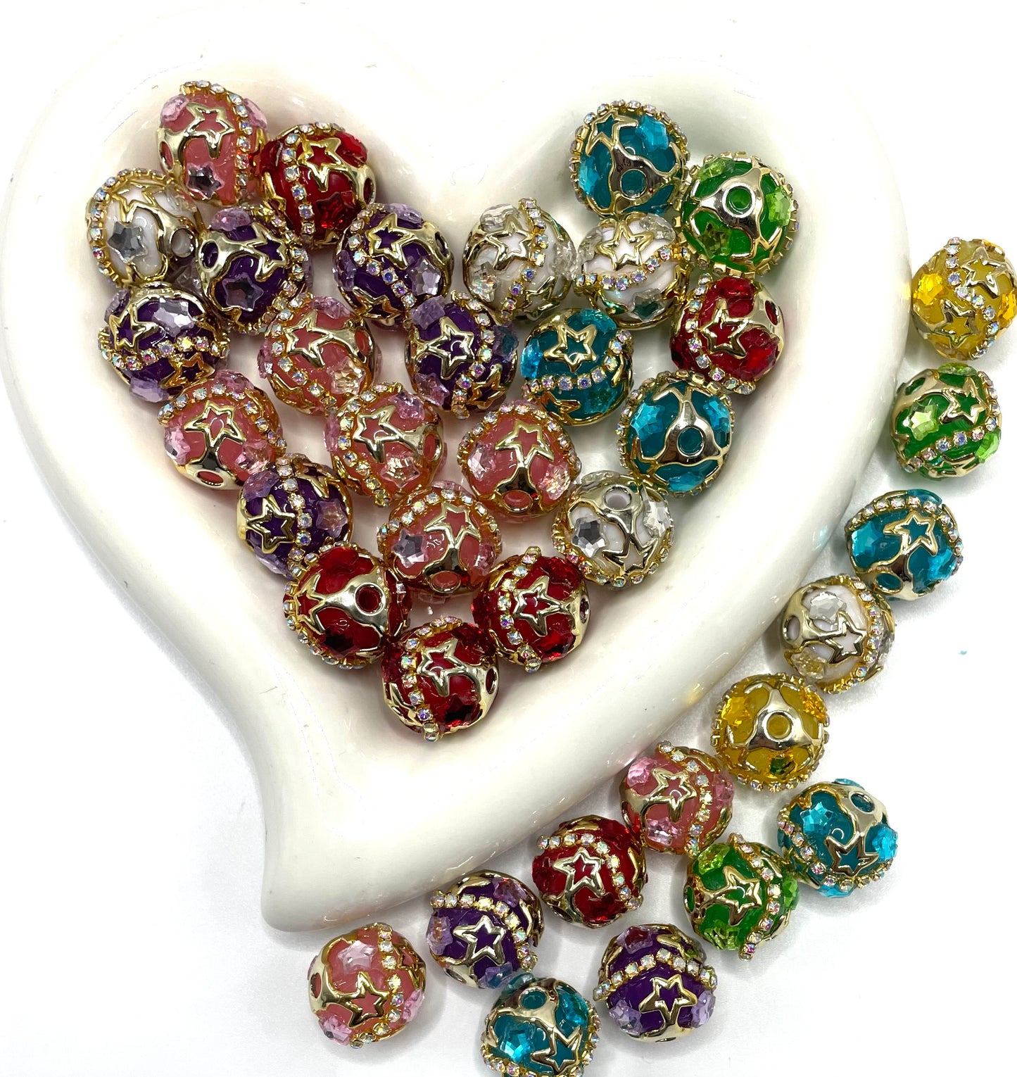 beaded beadable fancy star bead ornaments with gold color rhinestone chain and cover by metallic gold star bead cap,random mix