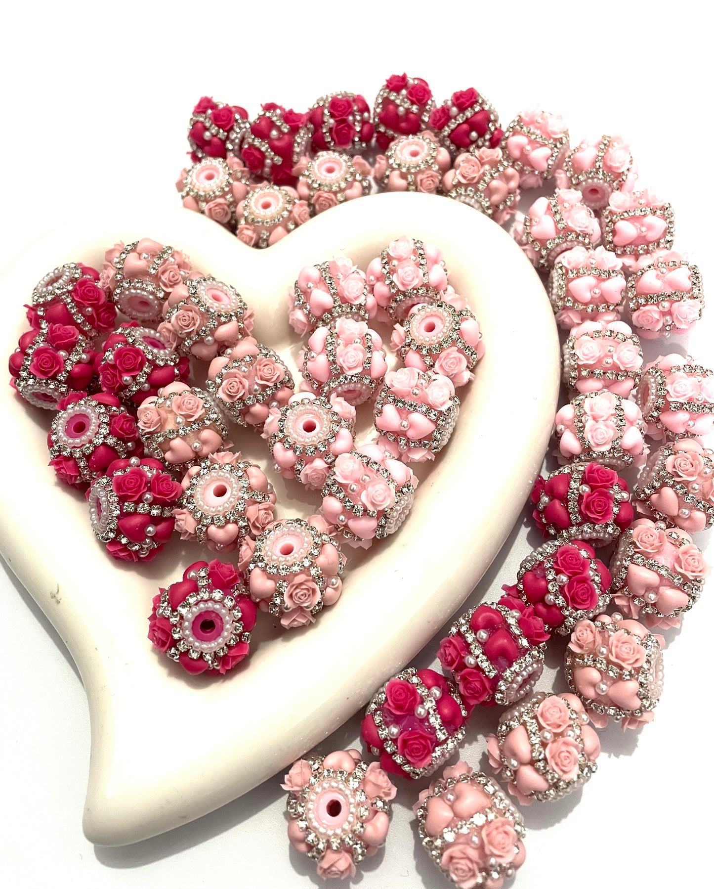 beaded beadable fancy heart rose flower beads ornaments with rhinestone chain and pearl
