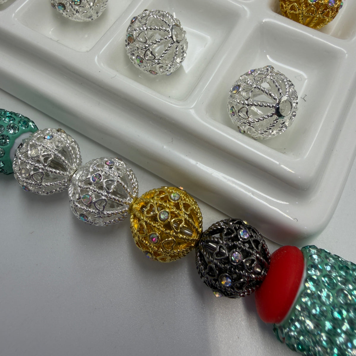 12mm fancy bead hollow beads with rhinestone small heart fancy beads