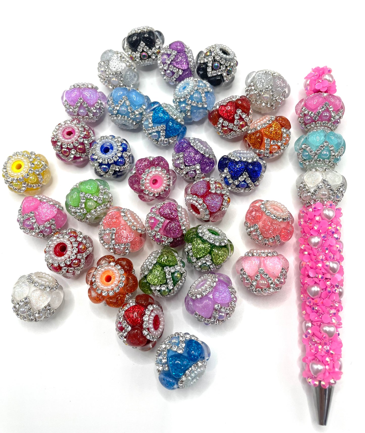 diy beaded beadable fancy beads ornaments with glitter heart and rhinestones chain and pearl ,random mix