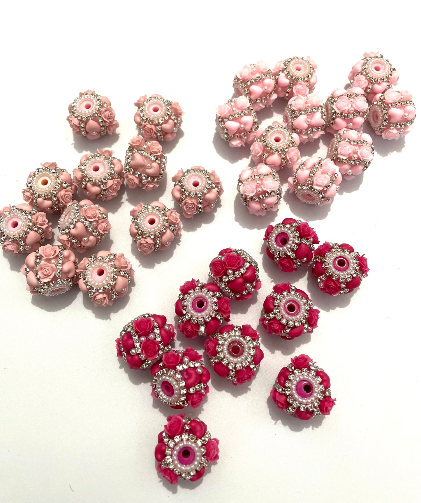 beaded beadable fancy heart rose flower beads ornaments with rhinestone chain and pearl