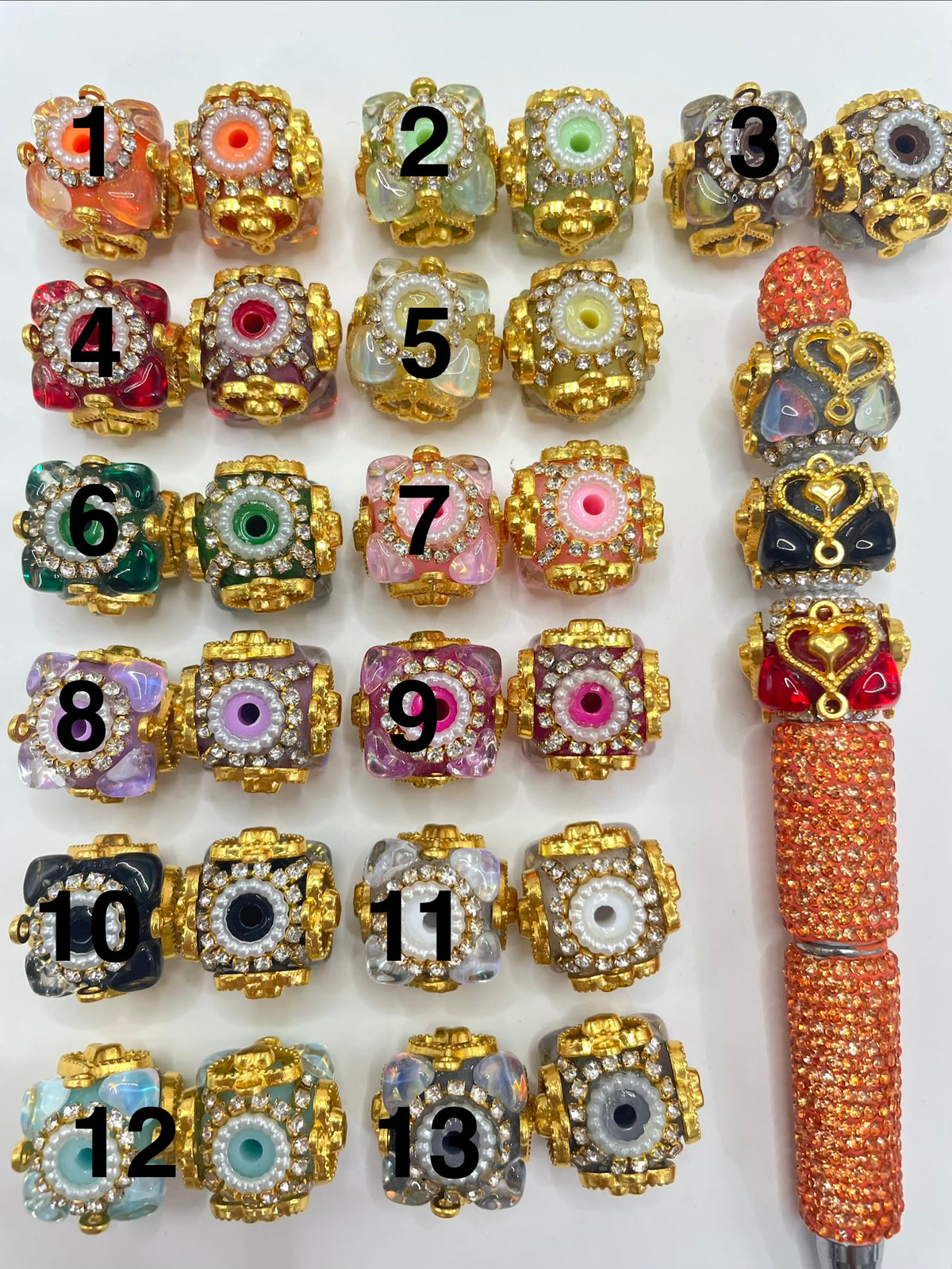beaded beadable fancy beads ornaments with golden color heart and pearl and rhinestone chain ,random mix