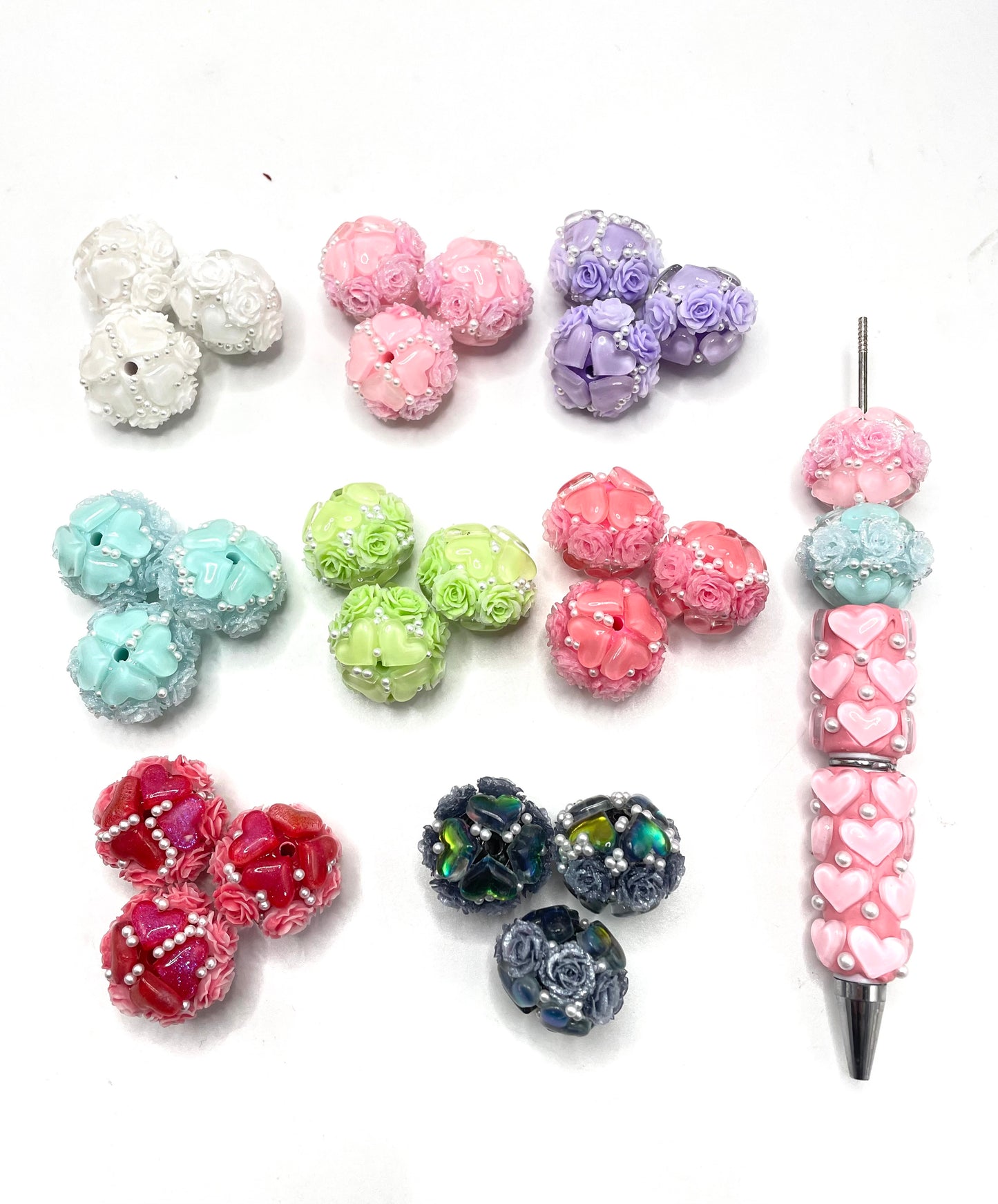 Beaded beadable fancy heart beads ornament with rose flower and pearl ,colored ,random mix