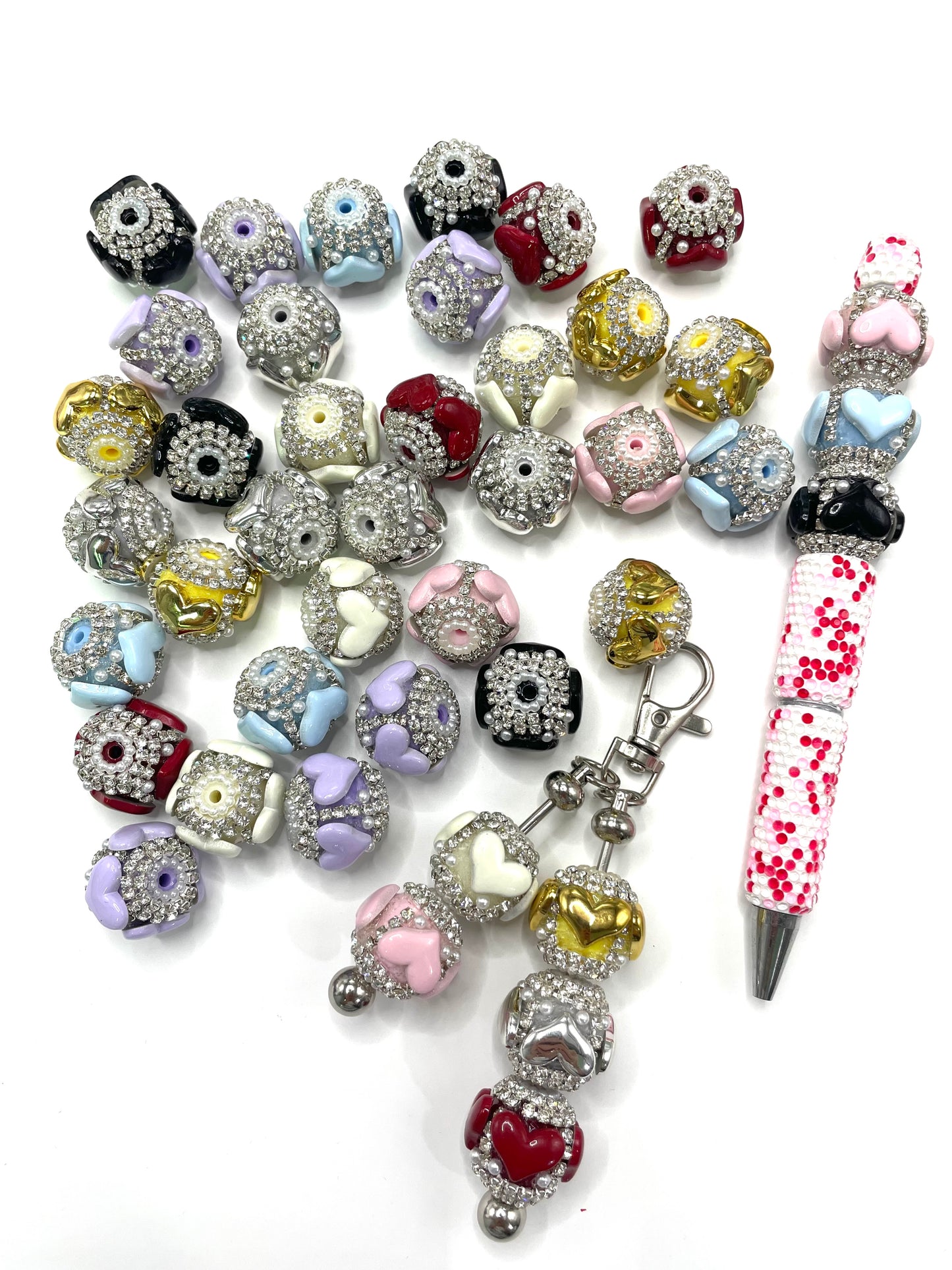 DIY beaded beadable fancy beads ornaments with heart and pearl and rhinestone chain,random mix