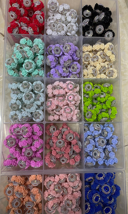 Beaded flower beads with silver rhinestone chain ,colored,random mix