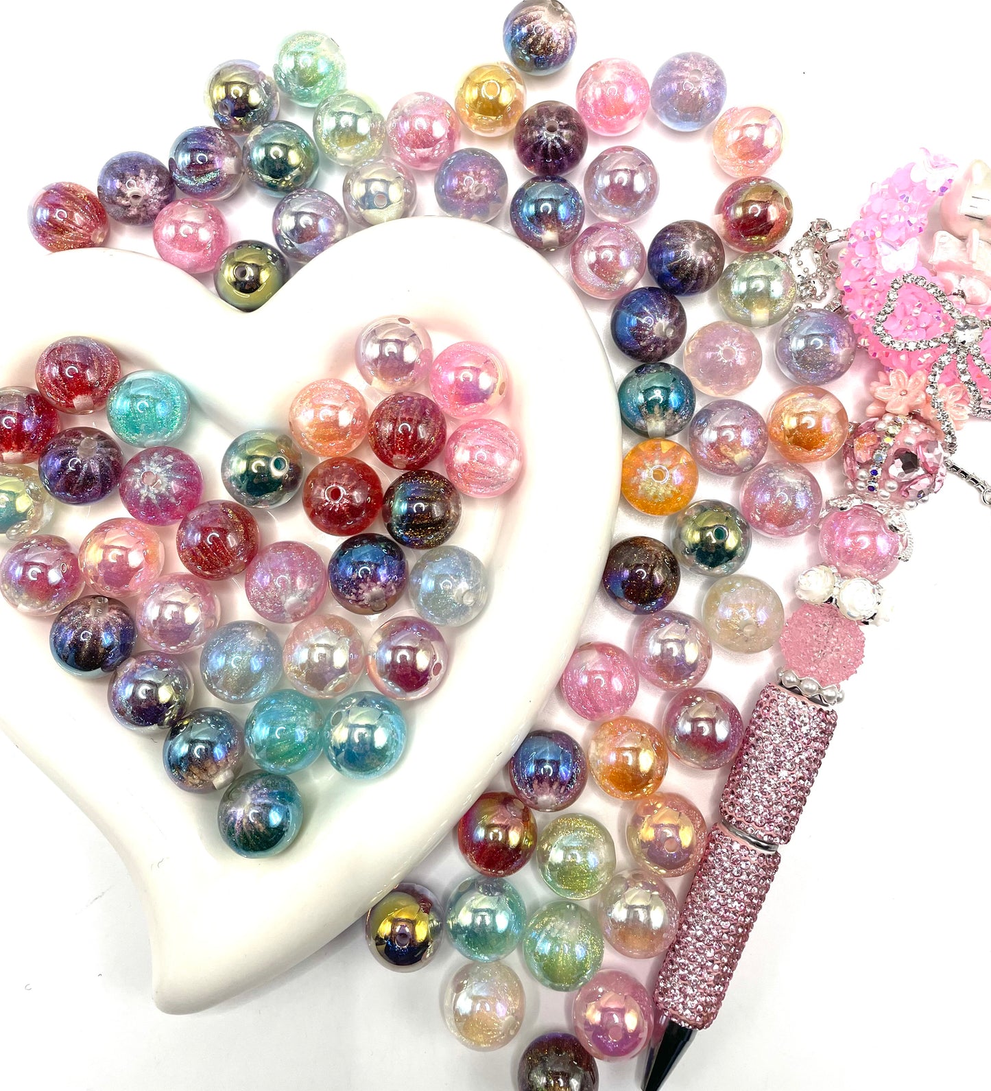 beaded beadable acrylic UV glitter galaxy beads ,random mix colors