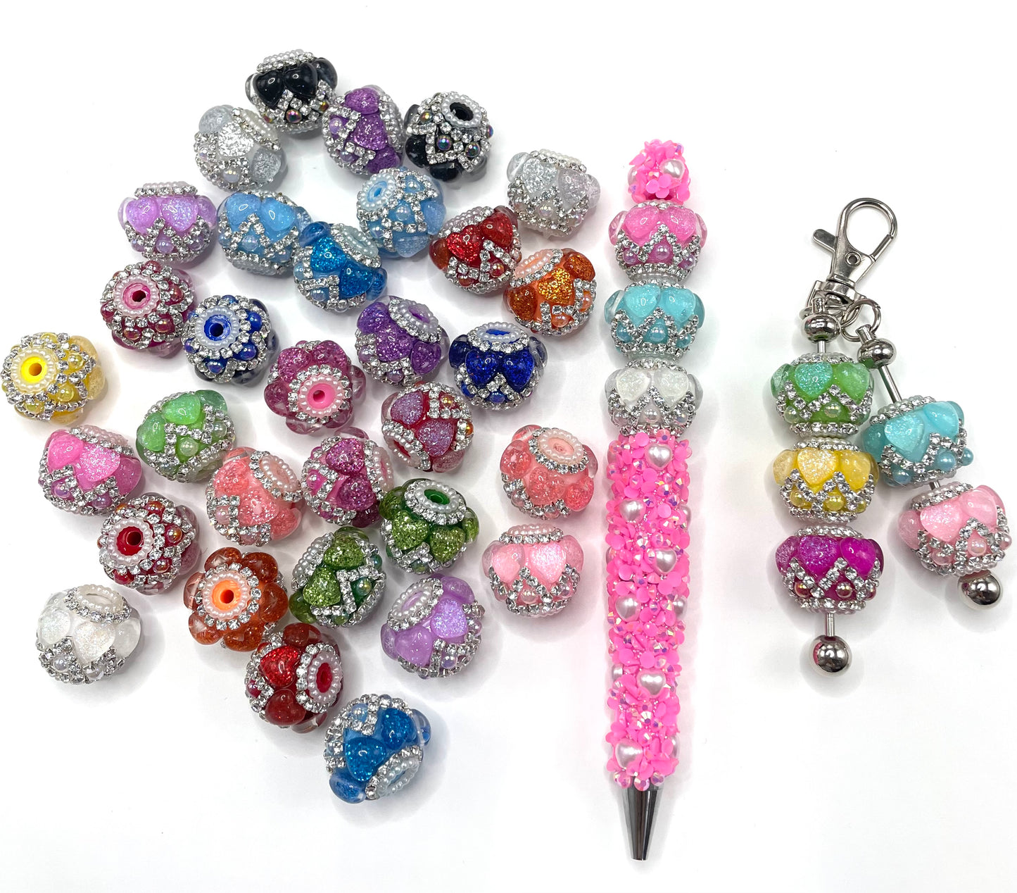 diy beaded beadable fancy beads ornaments with glitter heart and rhinestones chain and pearl ,random mix