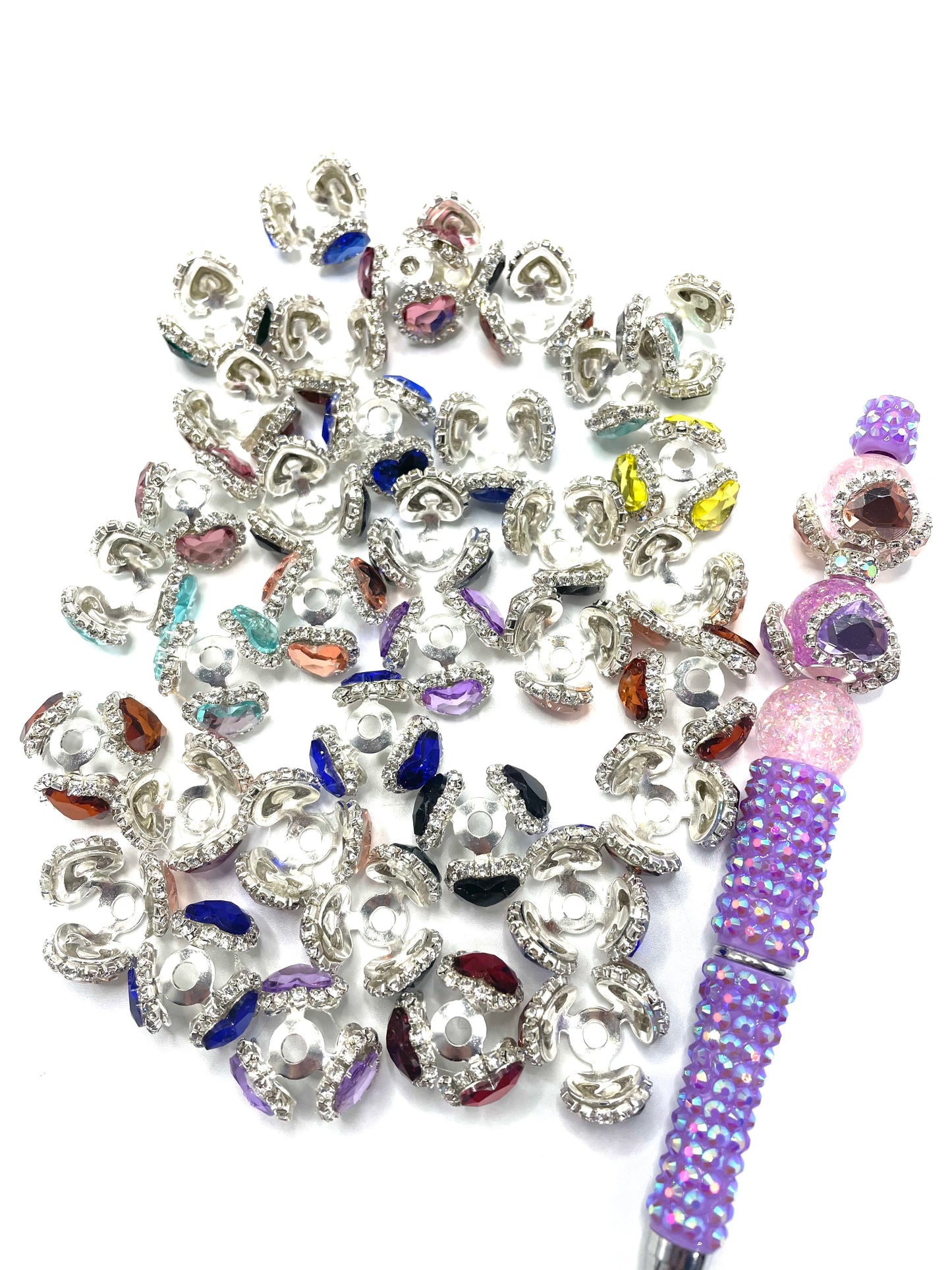beaded beadable fancy bead cap spacer colored crystal rhinestone metallic bead cap random mix