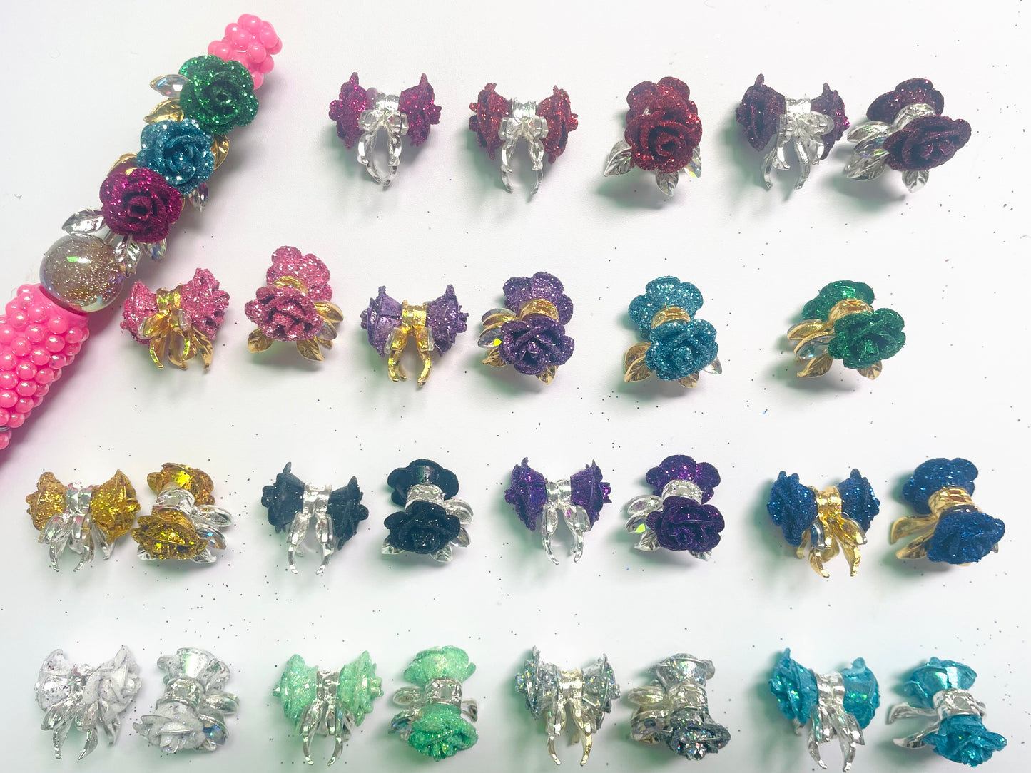 alloy metallic fancy rose flower with the glitter on petal fancy beads ,colored
