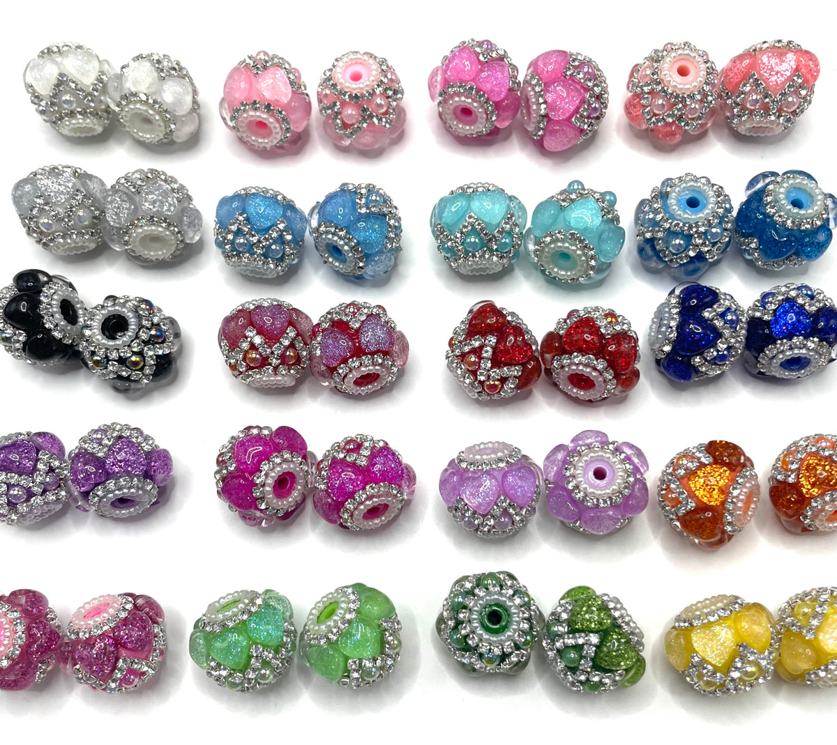 diy beaded beadable fancy beads ornaments with glitter heart and rhinestones chain and pearl ,random mix