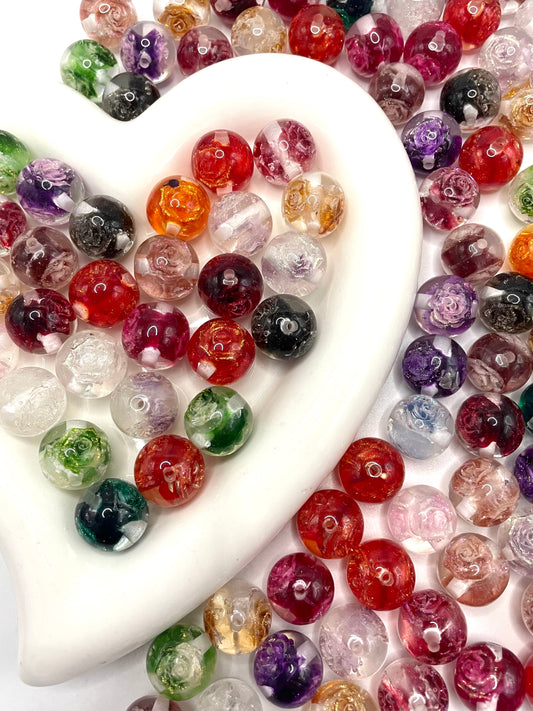 acrylic bead with glitter colored rose inside beaded acrylic beads ,random mix 16mm