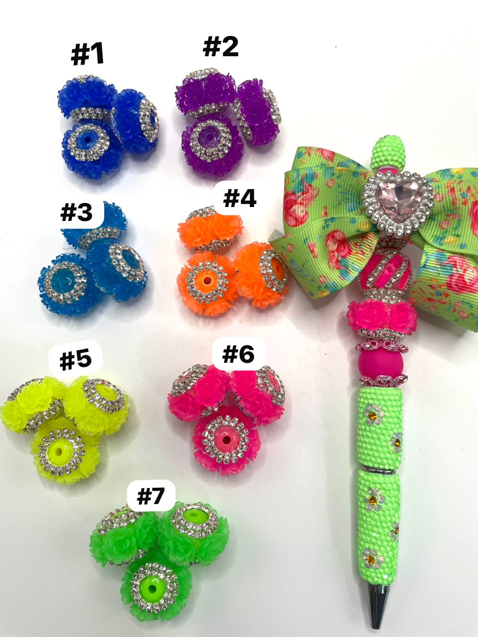 Beaded beadable fancy flower beads neon colored with rhinestone chain,random mix