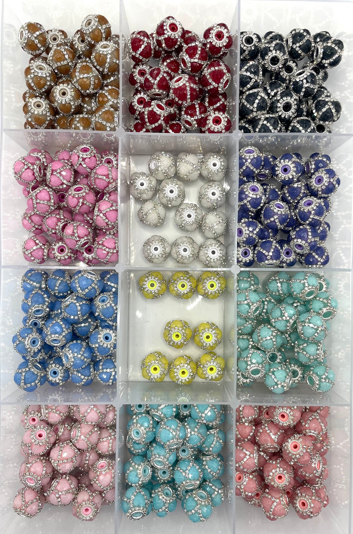 glitter heart bead with silver rhinestone chain fancy beads 18mm Random Mix
