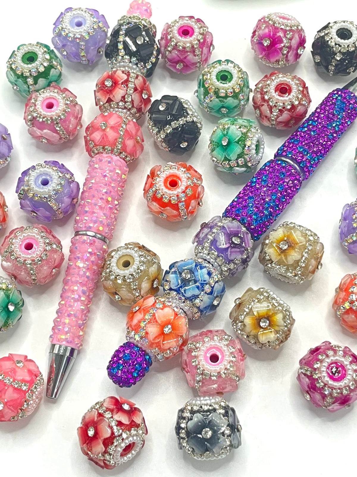 flower bead with rhinestone and silve chain fancy beads