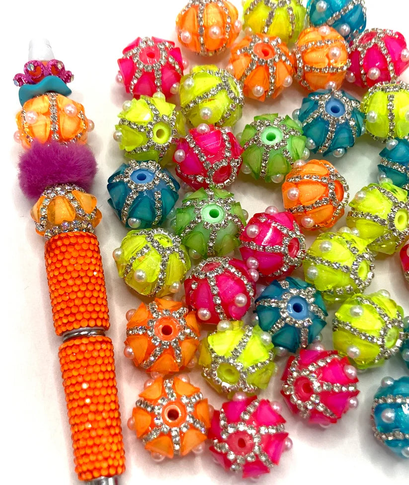 diy acrylic beaded beadable fancy lantern heart beads ornaments with pearl and rhinestone chain ,colored,random mix