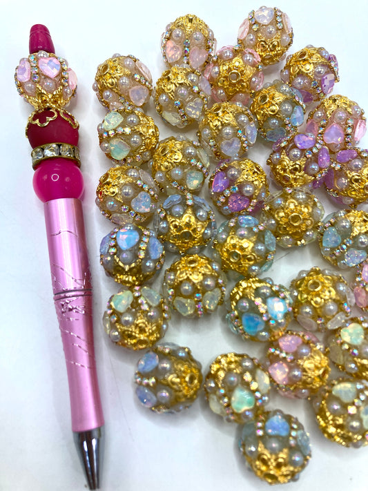 Fancy Beads Golden base Golden Chain Mocha-colored heart Bubble Pearl Acrylic beads Random Mix
