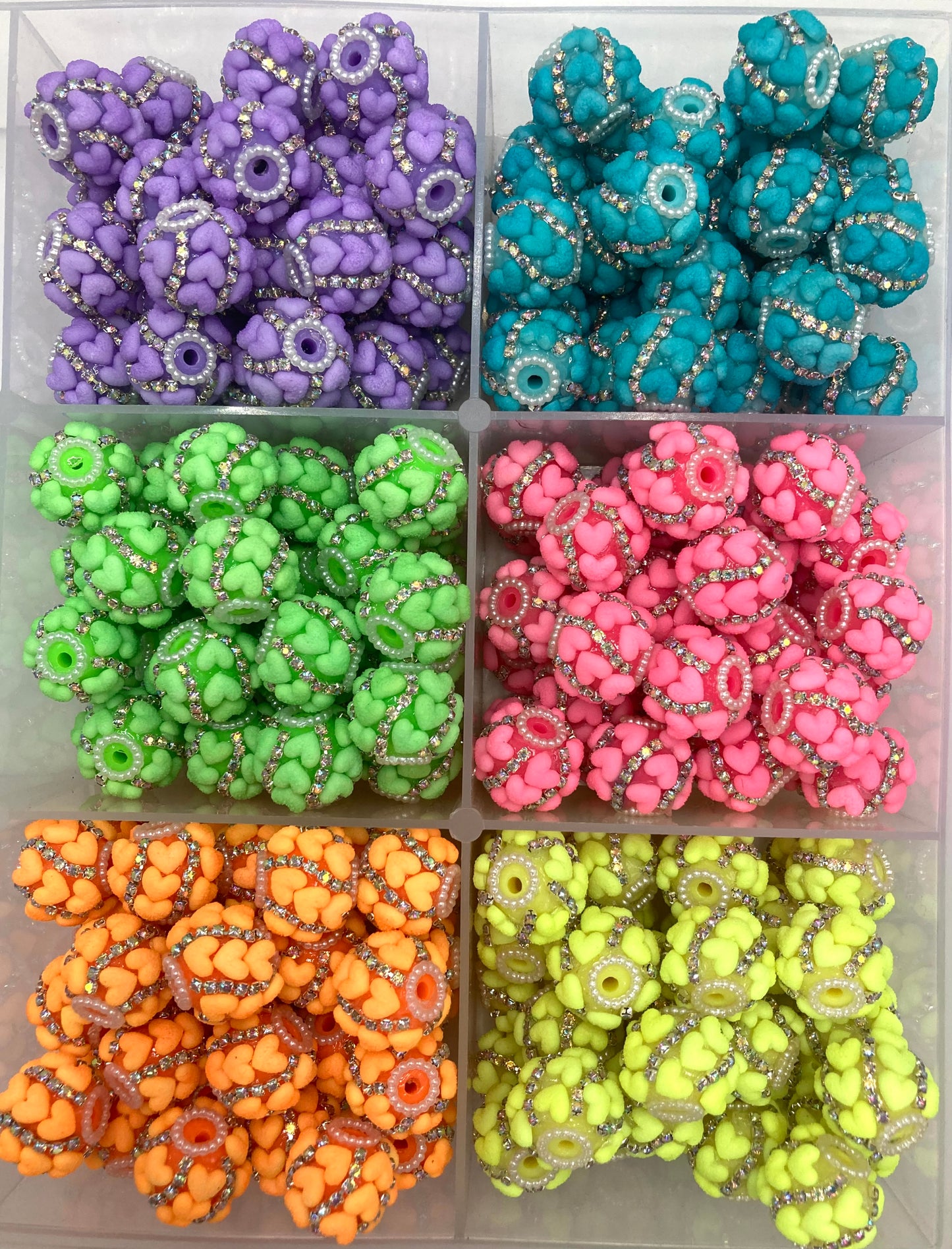 beaded beadable fuzzy heart beads neon bead heart beads with silver rhinestone chain fancy beads